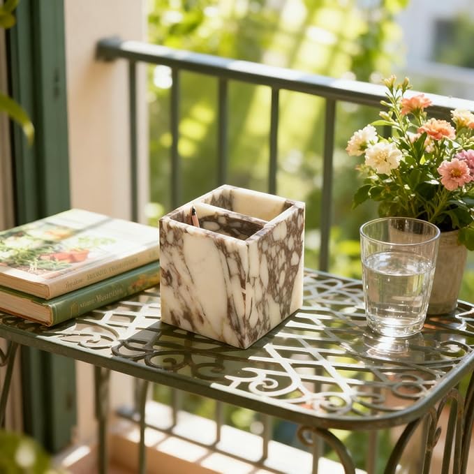 Natural Marble 2-Tier Organizer Box - Multi-Purpose Desktop & Kitchen Storage for Pens, Utensils, Makeup Brushes