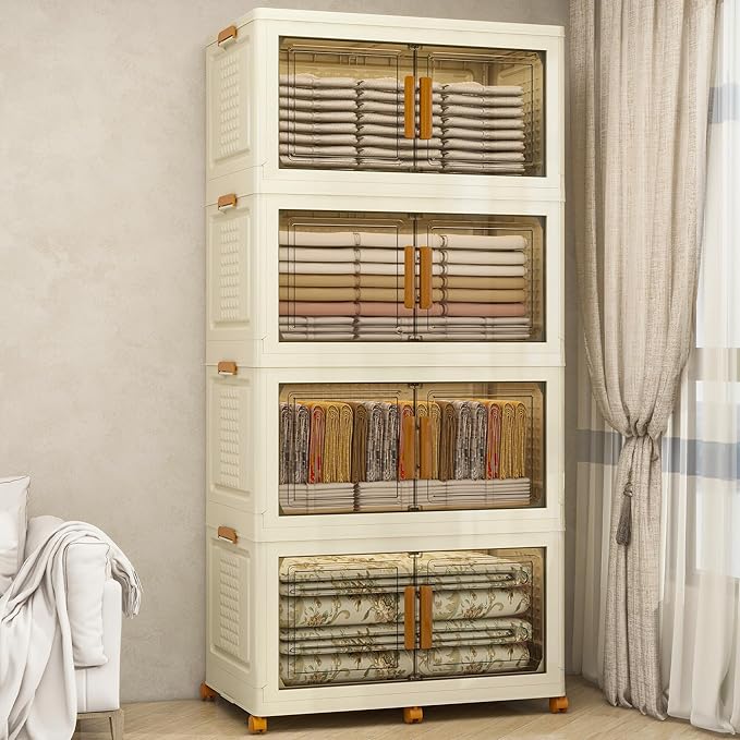 Plastic Stackable Storage Bins with Lids and Wheels, 720QT-180QT*4Tier Foldable Closet Organizers and Containers, Collapsible Clear Drawer Storage Cabinet with Doors Ivory White