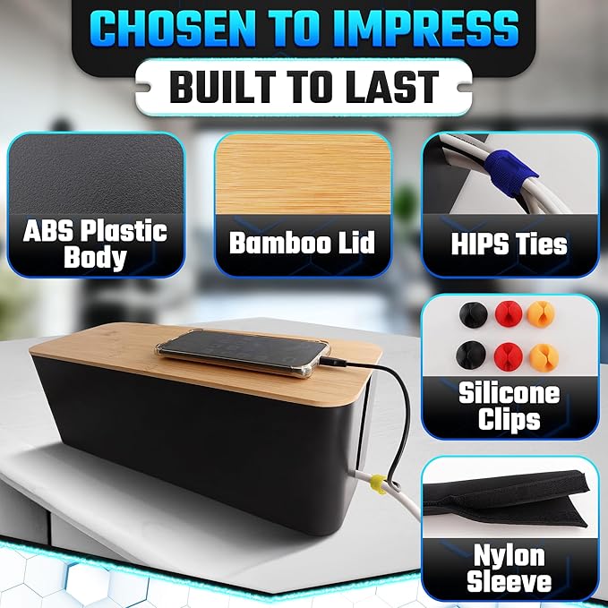 Cord Management Box Set – 2 Pack Cable Organizer Box to Hide Cords and Power Strip Kit with Clips, Reusable Ties & Sleeve – Functional, Modern Design | Medium & Large Sizes for Home & Office Use
