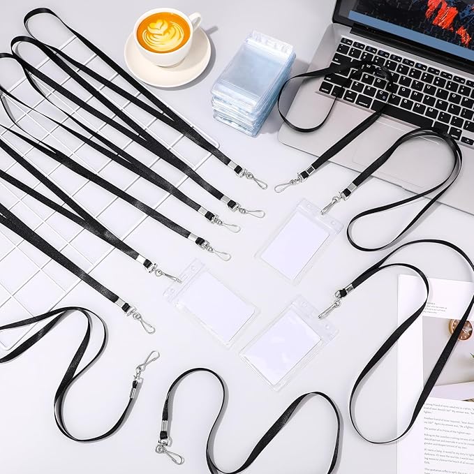 Harloon 300 Pack Clear ID Badge Holder with Lanyard 2.75 x 4.53 Inch Bulk Waterproof Vertical Card Holders with Flat Neck Lanyards and Swivel Hooks for Cruise, School, Office Supplies(Black)