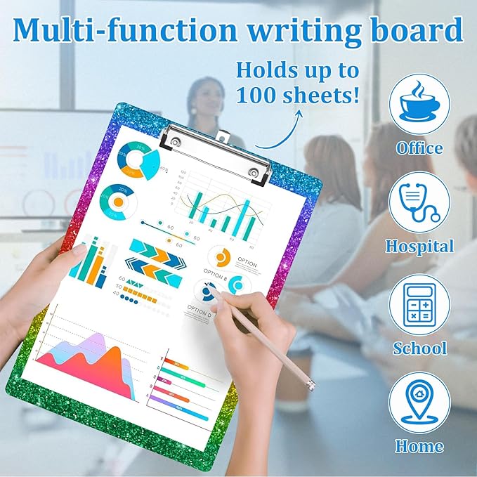 Rainbow Glitter Clipboard Decorative Clip Board with Metal Clip A4 Standard Size 12.5" X 8.7" for Teacher Students Nurses Office