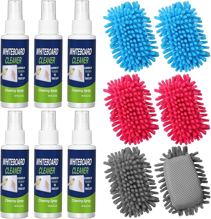6 Pack Whiteboard Cleaner 3.4 Fl oz White Board Cleaning Spray Dry Erase Board Cleaner with Microfiber Shag Whiteboard Eraser Removes Stubborn Marks from Chalkboard(Colorful)