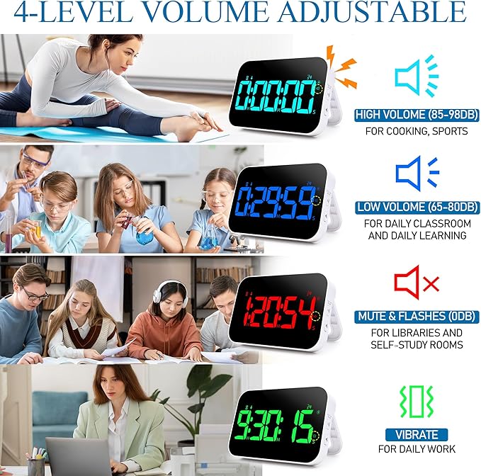 Kitchen LED Digital Timer Rechargeable, RGB Count Down Up Digital Timer with Vioce Reminder for Kitchen Classroom Cooking Study, Vibration Mode 3 Level Adjustable Volume and Brightness