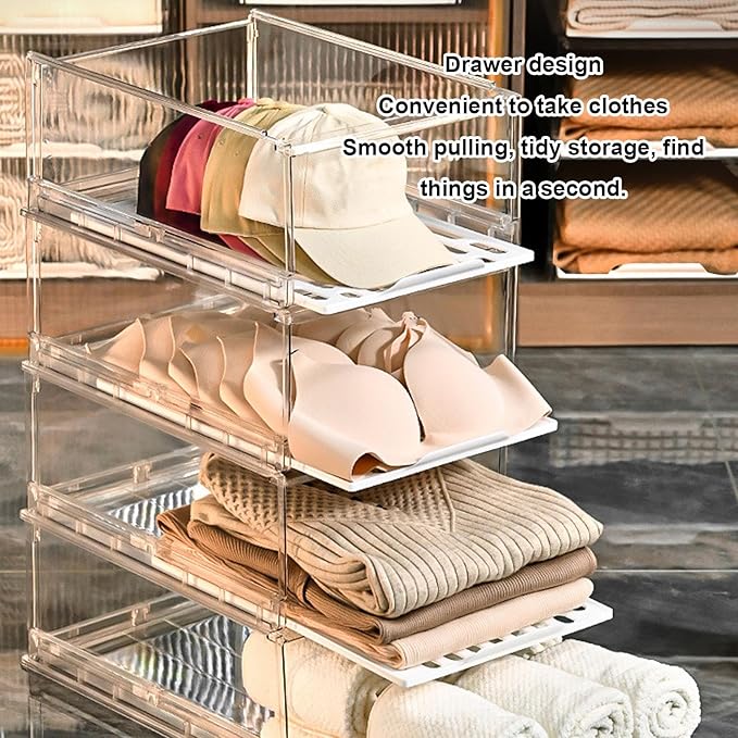 Stackable Storage Drawers, Closet Organizers Storage Box Closet Box PET Stackable Clear Shelf Organizer Drawer Bin for Kitchen Cabinets Pantry Makeup Organ