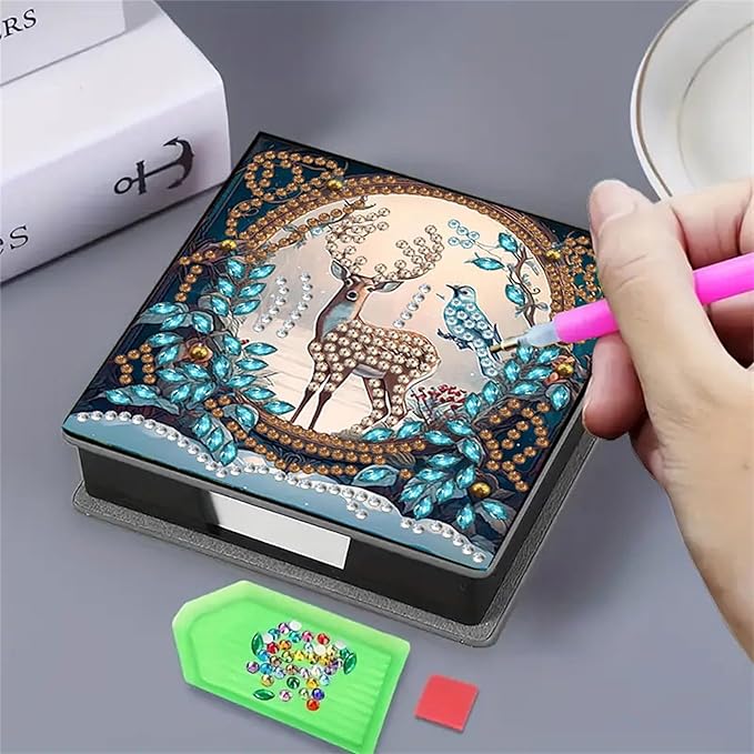 Deer Diamond Painting Kit Note Box,Memo Paper Storage Box Diamonds Art,Sticky Note Holder Diamond Art,Diamond Painting Memo Pad For Office Desk. (Deer)