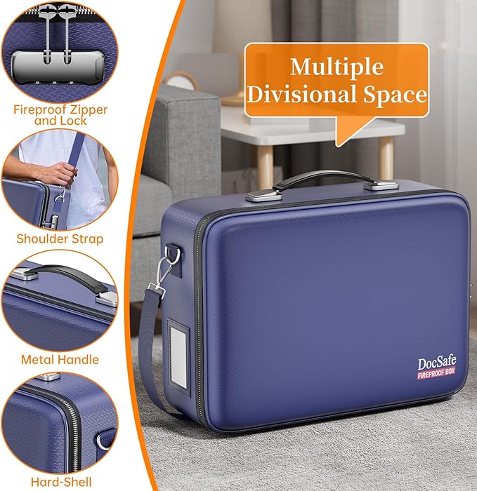 DocSafe Fireproof Document Box with Lock＆Shoulder Strap,Hard Case File Organizer with Accordion File Folder,Multi-Layer Portable Home Office Travel Safe Storage for Important Documents Laptop Blue