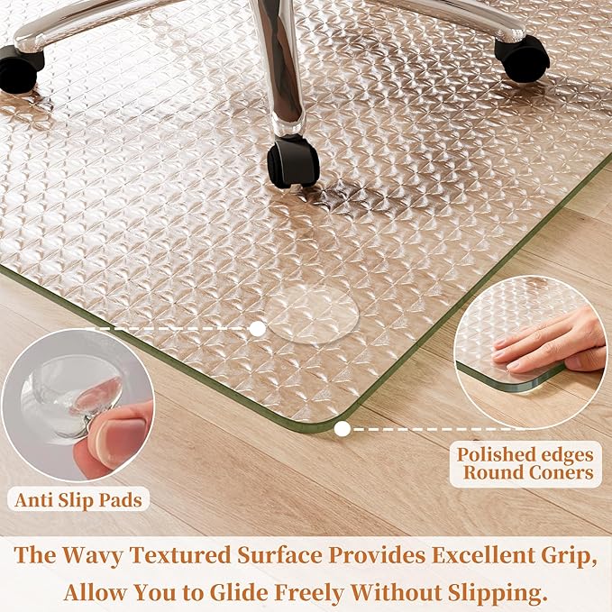 Koonmi Wave Glass Chair Mat 36"x46", Tempered Glass Office Chair Mat, Embossed Wave Pattern Chair Mats with Rounded and Polished Edges for Hardwood Floor, Carpet, Support 1200lbs