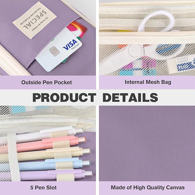 Large Capacity Pencil Case with Zipper, Aesthetic Pencil Pouch, Portable Stationery Organizer Bag for Teen and Adults, Big Pencil Bag for College, Office, Travel - Purple