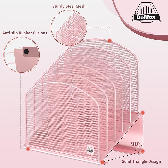 Inclined Desk File Organizer, 5-Section Vertical File Folder Holder Stand Metal Rack File Sorter for Office Classroom Desktop Organization (Pink, 1Pack)