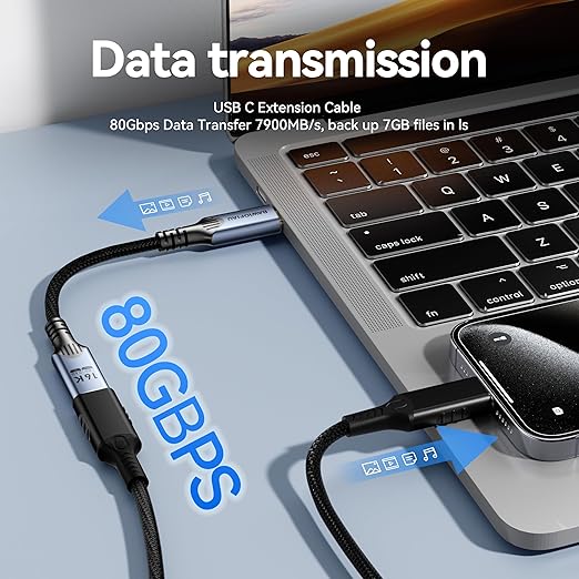 1ft/0.3M usb c to usb c Extension Cable Compatible with Thunderbolt 5, high Speed 80gbps Data Transfer,240w USB 5 Type C Male to Female Extension Cable 5A Fast Charging,8K/16K Video Display.