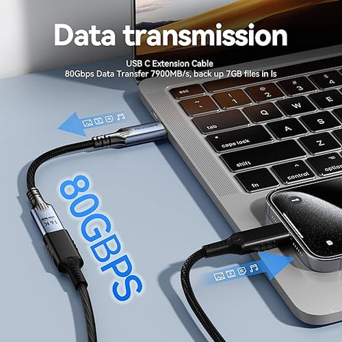 1ft/0.3M usb c to usb c Extension Cable Compatible with Thunderbolt 5, high Speed 80gbps Data Transfer,240w USB 5 Type C Male to Female Extension Cable 5A Fast Charging,8K/16K Video Display.