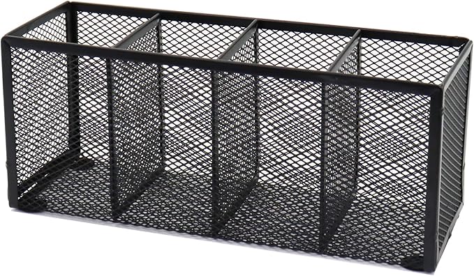 Black Mesh Pen Holder, Metal Desk Organizer Desktop Stationery Office Supplies Acessories Storage Stand, 4 Compartments Pencil Organizer Brushes Holder for Home School Classroom Teachers