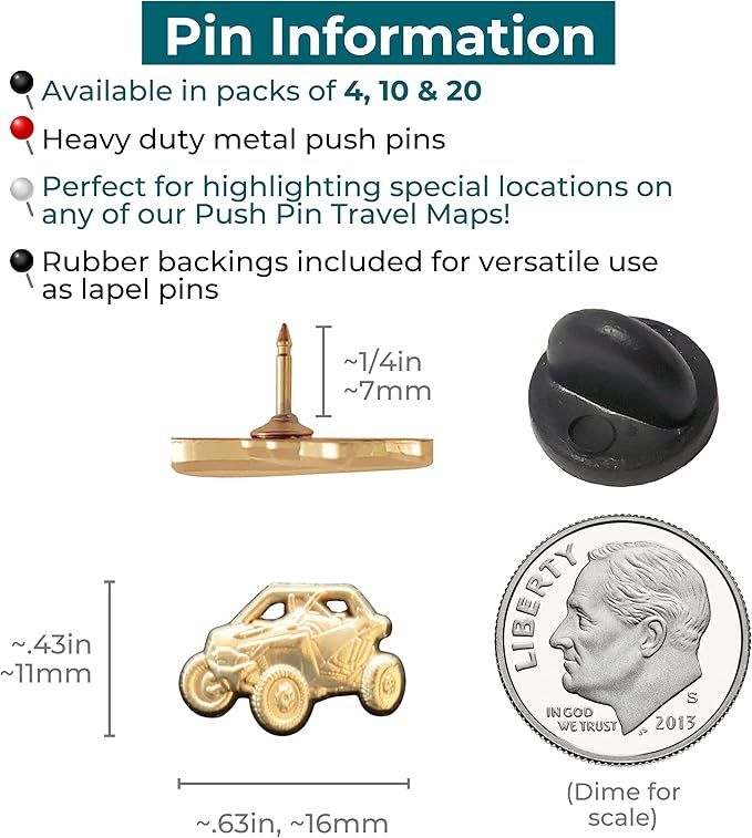 UTV Push Pins - Gold Off-Road Vehicle Map Pins for Cork Boards, Maps, or Lapel Use - Designed in USA - Set of 4