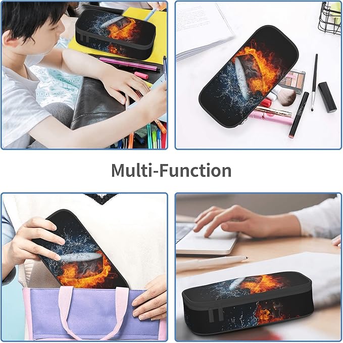 Hockey Pencil Case for Kids Boys, Large Capacity Pencil Box Storage Pen Bag with Zippers, Sports-Themed Black Pencil Pouch Stationery Case for Office School