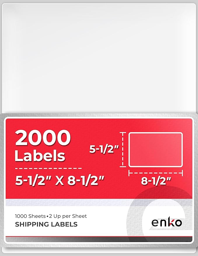 enKo - 5-1/2 x 8-1/2 Inch Label - White Blank - 2 Per Sheet Half Shipping Labels for Laser Inkjet Printer (1000 Sheets, 2000 Labels)