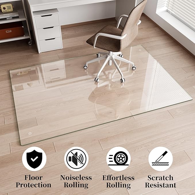 FlyEcho Glass Chair Mat 50" x 65" Heavy Duty Tempered Glass Office Chair Mat, Glass Floor Mat with Round Corner and Polished Edge for Smooth Glide, Carpet Hardwood Floor Protector