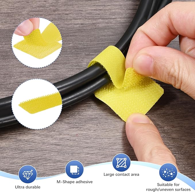 40-Pack Hook and Loop Cable Ties, 3.5 x 1.1 Inch Enhanced Self-Adhesive Cord Organizer for Desk/Home/Wall/Office Essentials, Cable Management Under Desk [Yellow]
