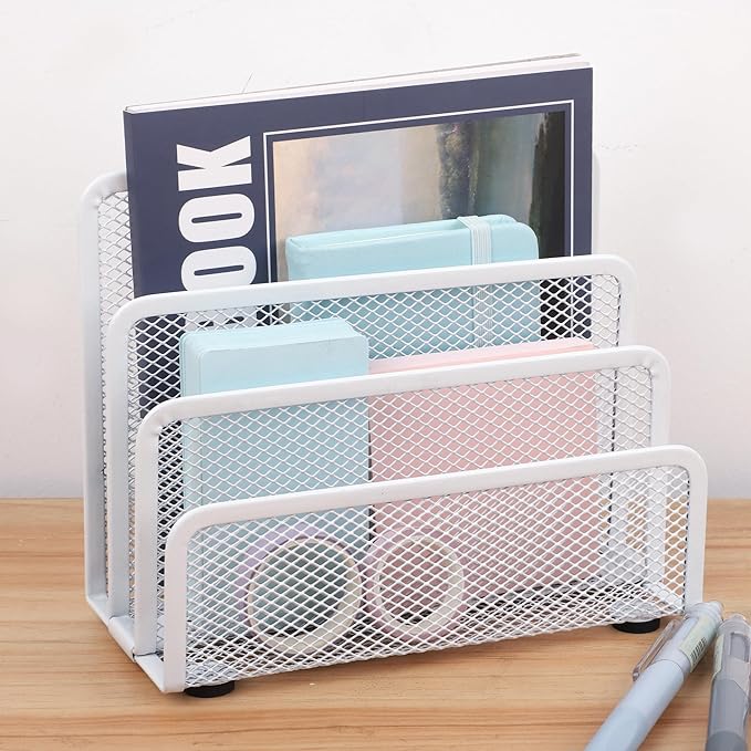 EASEPRES Desk Mail Organizer, Office Small Desktop Metal Mesh Envelope Letter Sorter Paper File Holder Organizer with 3 Vertical Upright Compartments, White 1 Pack