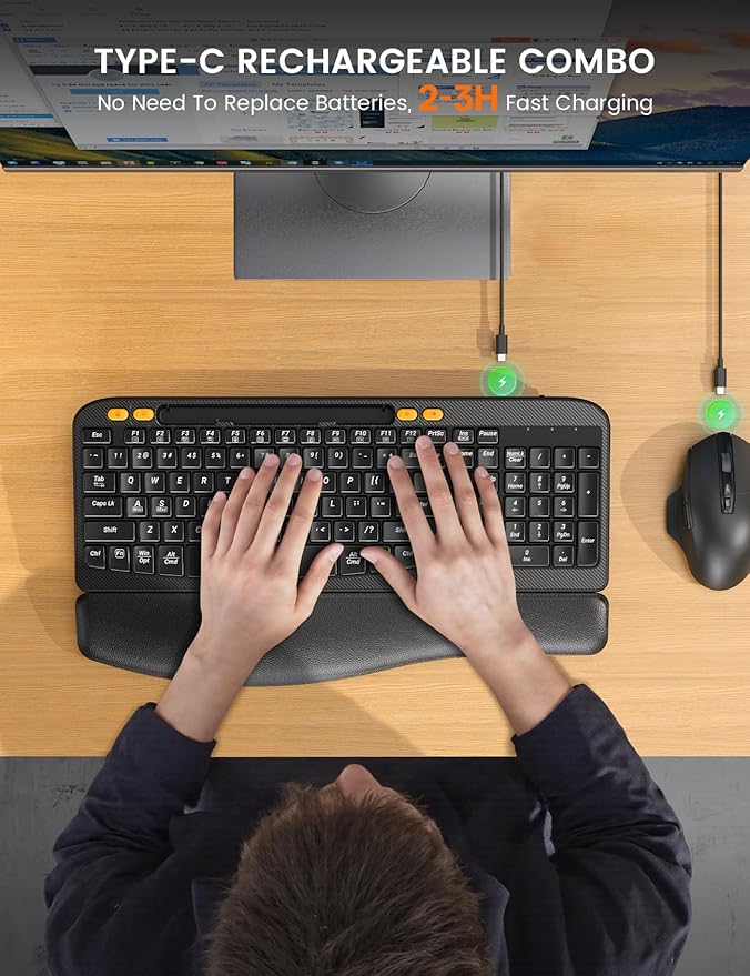 Wireless Keyboard and Mouse Combo, Ergonomic Wave Keys, Cushioned Palm Rest, Rechargeable, Phone Holder, Natural Typing, 2.4G Lag-Free, Full Size Keyboards Cordless Set for Windows/Mac -SABLUTE