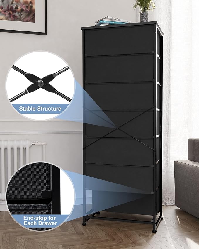 Crestlive Products Tall Dresser, 7-Drawer Fabric Storage Tower, Chests of Drawers - Vertical Organizer Unit for Bedroom, Hallway, Entryway, Nursery, Closets - Steel Frame, Wood Top & Handles (Black)