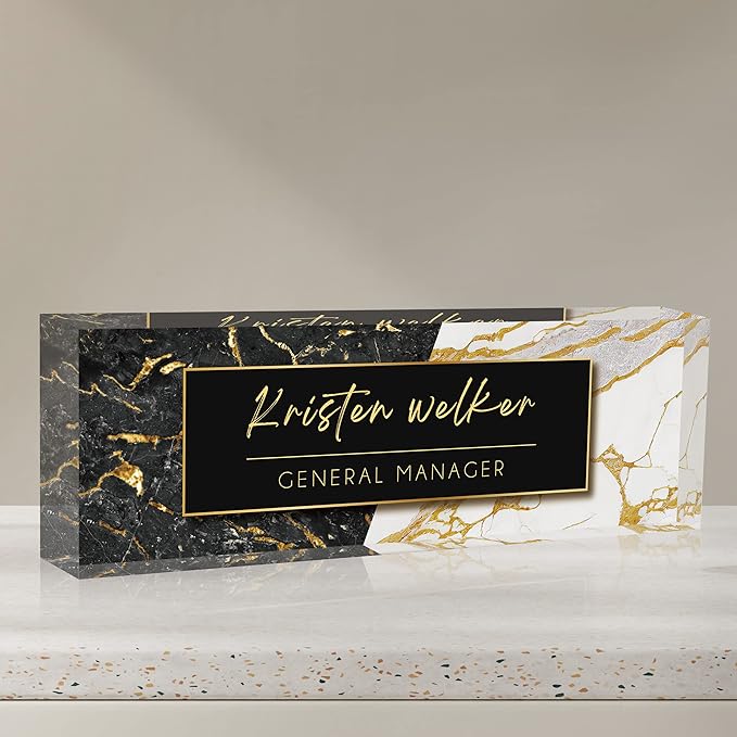 Desk Name Plate Personalized, Custom Name Plates for Desks, Office Desk Decor, Marble Design Clear Acrylic Glass Block, Personalized Office Gifts for Women Men Boss Teachers Coworker Appreciation Gift