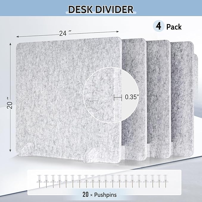 AMUSIGHT 4 Pack Acoustic Desk Dividers - 24" x 20" Freestanding Privacy Panels Set with Noise - Reducing Design Cubicle Sound Proof, Ideal for Office, Classroom, and Home (Silver Gray)