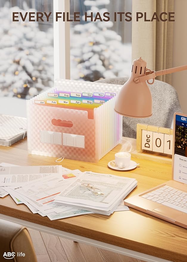 ABC life 12 Pockets Accordion File Organizer Expanding File Folders, Portable Monthly Bill Receipt Document Organiser, Expandable Accordian Filing Folder Letter A4 Size, Colored Tabs (Pink)