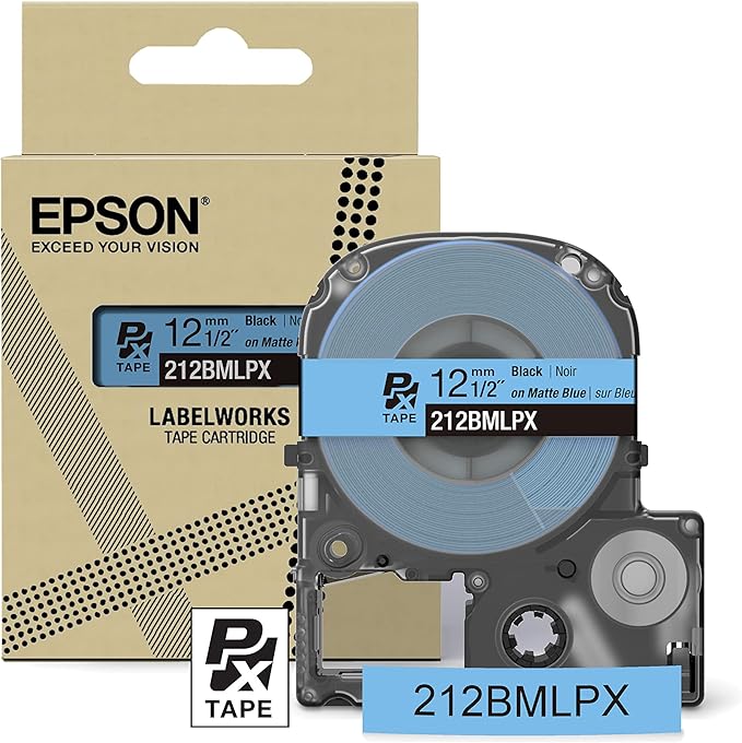 Epson LABELWORKS 212BMLPX Genuine PET (Polyester) Tape Cartridge - Black on Matte Blue Designer Craft Label Maker Tape - 1/2" (12MM) Wide, 26'