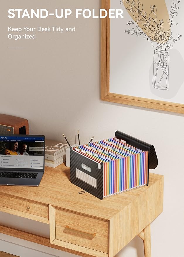 ABC life 26 Pockets File Organizer, Expanding File Folder A4 Letter Size, Portable Monthly Paper Bill Tax Receipt Organizer, Document Holder with Labels - Checkered Pattern