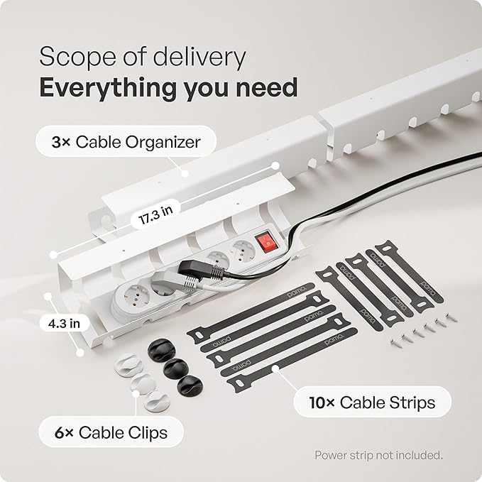 PAMO Cable Management Under Desk for Easy mounting Under-Table I Set of 3 - with 10X Cable Ties I Desk Organizer for Office/Home Office Table Thoughtful Cable Tray Holder