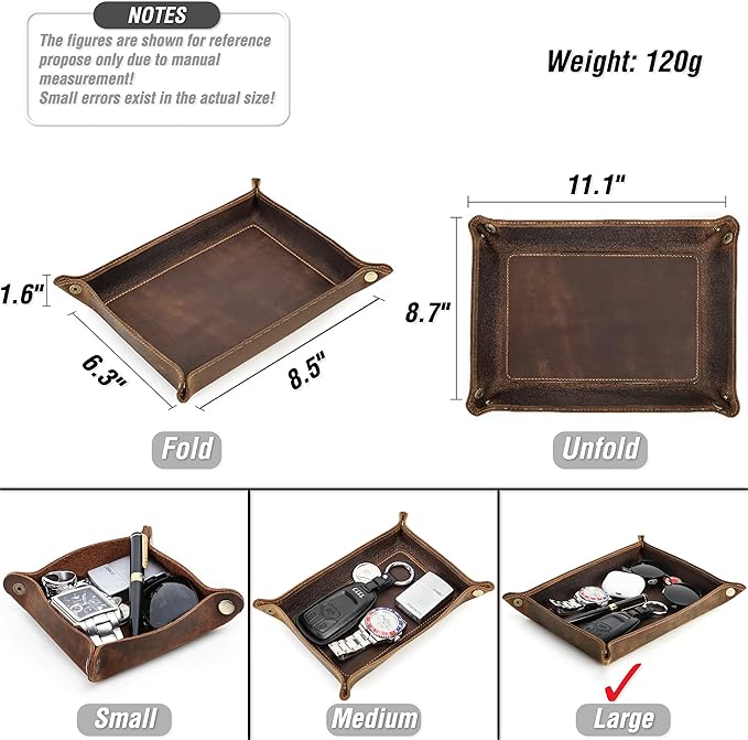 Top Grain Leather Desk Valet Tray Organizer for Man & Woman, Vintage Handmade, Foldable Flat Basket with Snap Buttons, Desk Catchall Holder for Wallet/Watches/Keys/Coins/Office Supplies, Coffee, Large