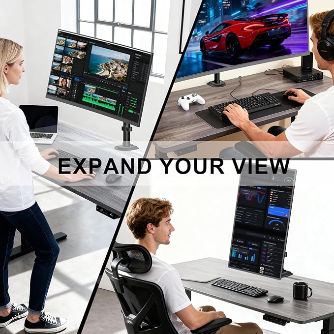 WALI Heavy Duty Single Monitor Arm Desk Mount for 13-49 Inch Screens, Ultrawide Monitor Stand with Full Motion Tilt, Swivel, Rotation, Holds up to 44 lbs, C-Clamp Mount for VESA 75/100mm,(M001S)