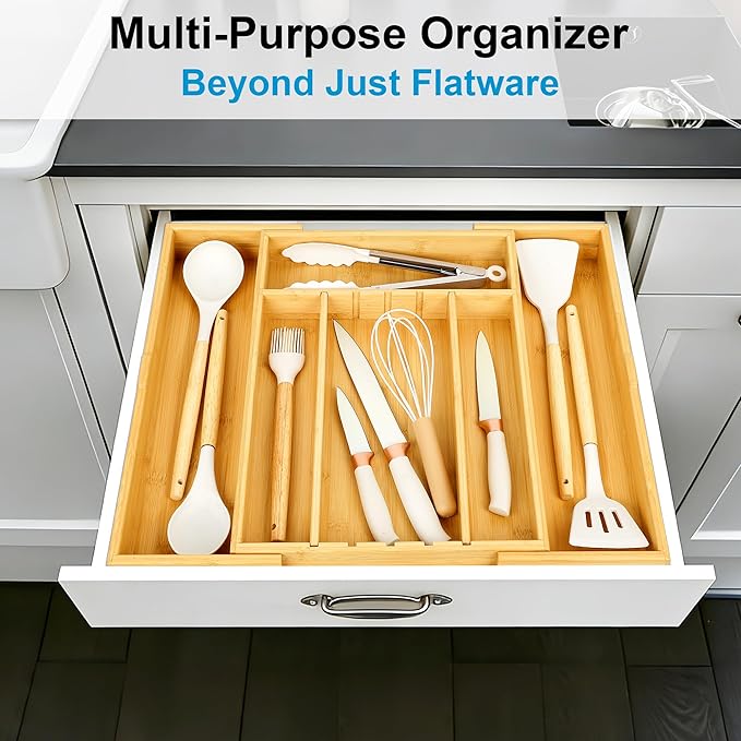 Bamboo Expandable Silverware Organizer - Adjustable Cutlery Tray with 3 Removable Dividers & 5 Tracks, Drawer Organizer for Utensils, Stationery, Tools (12.6" to 20.5")