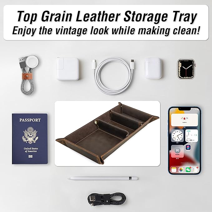 Top Grain Leather Desk Valet Tray Organizer for Man & Woman, Vintage Handmade, Foldable Flat Basket & 3 Compartments, Desk Catchall Holder for Wallet/Watches/Keys/Coins/Office Supplies, Coffee, Update