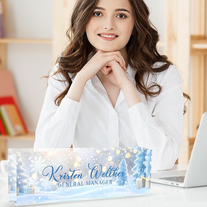 Custom Desk Name Plate Personalized, Acrylic Name Plates for Desk, Office Decor Personalized Gifts for Teacher Coworkers Boss Nurse Blue Christmas Tree