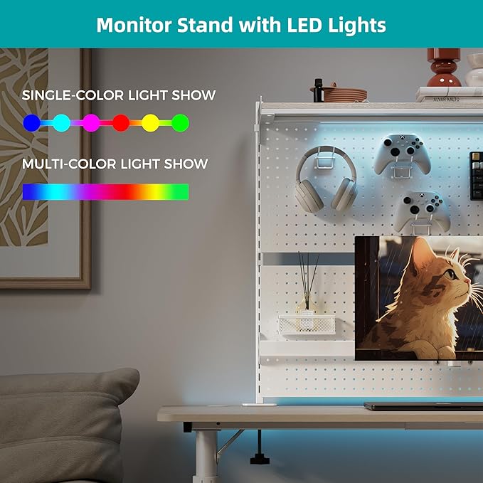 EUREKA ERGONOMIC Desk Pegboard with Dual Monitor Stands, LED Metal Pegboard for Gaming Desk, Privacy Panel with 4 Accessories Modular Hanging, Computer Accessories for Office, 43 x 34 Inch, White