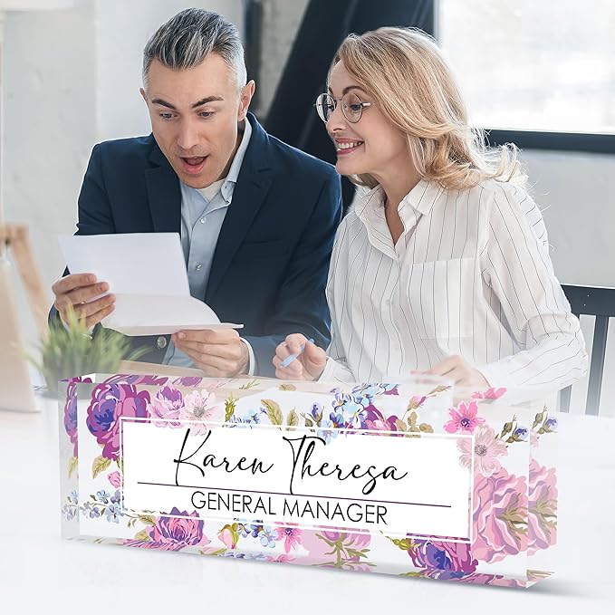 Custom Office Name Plate for Desk, Personalized Gifts for Women, Appreciation Gifts for Employee Coworkers Boss Teacher, Office Accessories (Hundred Flowers)