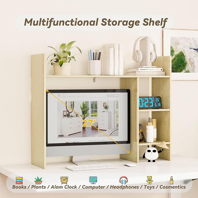 Desktop Bookshelf, 37.4’’ Wooden Desk Storage Hutch with 3 Shelves,4 Tier Multipurpose Display Shelf with Storage, Wooden Desk Shelf Organizer for Computer Desk, College Dorm, Office, Home