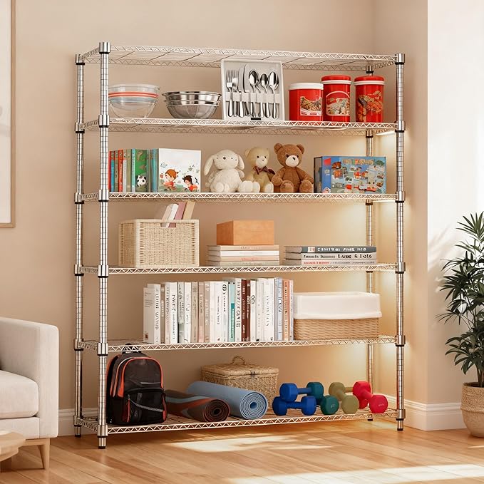 6 Tiers Shelf 2100 lbs Steel Storage Shelving Utility Shelving Unit Steel Organizer Wire Rack for Home,Kitchen,Office,Garage Chrome 17.7" D x 47.2" W x 82.4" H