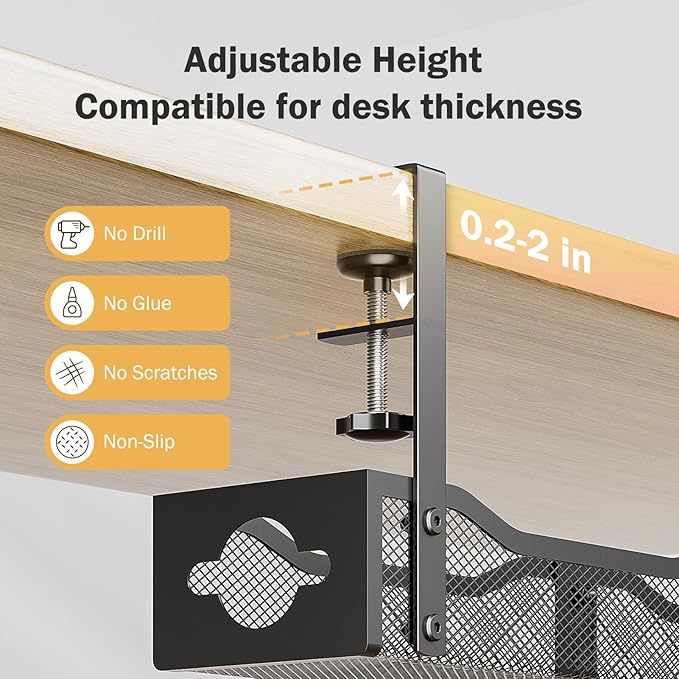 DELAMU 25'' Upgraded Under Desk Cable Management, No Dill Desk Cable Management with F-Clamp, Metal Cable Management Tray to Cord Organizer for Home Office, 1 Pack, Black