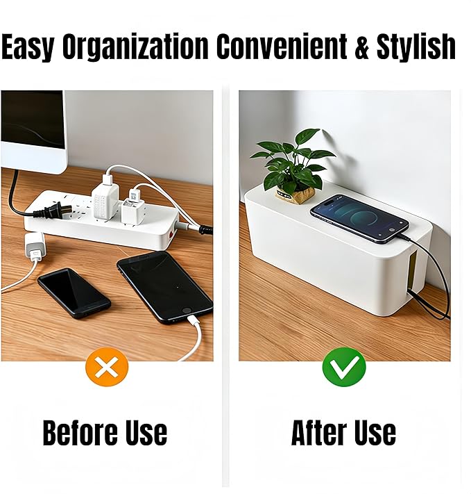 1Large+1Small Cable Organizer Set-2-Piece Home Office Desk Wire Management Storage Box,Cable Storage Box(Bamboo lid/White)