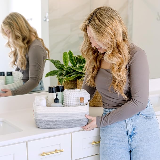 NaturalCozy 11.8"x8"x4.5” Rectangle Storage Baskets for Shelves 3 Pack | Cotton Rope Woven Small Baskets for Organizing | Small Storage Bins for Nursery, Bathroom, Closet, Shelf, Decorative, Gift