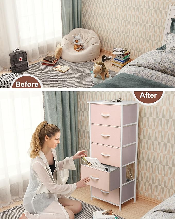 Crestlive Products Tall Dresser for Girls Bedroom, Chest of 5 Drawers, Fabric Storage Tower, Clothing Organizer for Bedroom, Hallway, Entryway, Closets, Nursery(Pink)