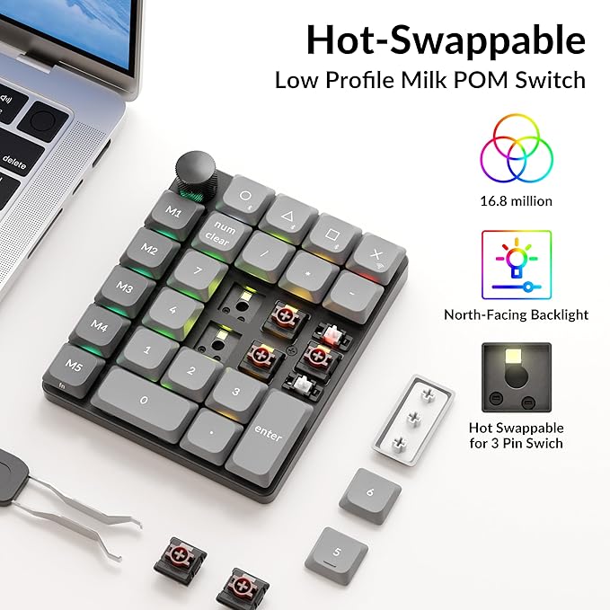 Keychron K0 Max Wireless Low-Profile Number Pad, QMK/VIA Programmable, Hot-Swappable Brown Switch, RGB Backlit, 2.4GHz & Bluetooth 5.3, 1000Hz Polling Rate, with Knob, for Windows/Mac