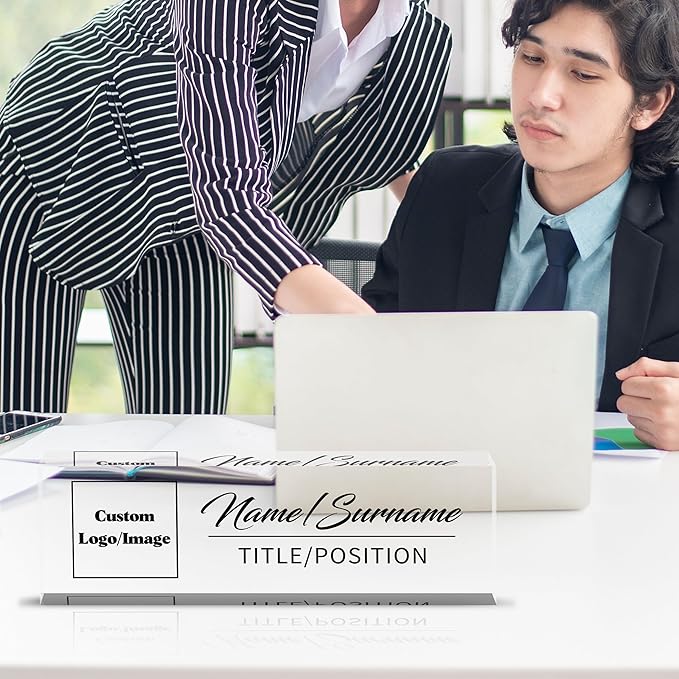 Personalized Name Plate for Desk Custom Acrylic Desk Name Plate Custom Employee Appreciation Gifts Office Gifts for Women, Men, Boss, Coworkers, Teacher, Nurse (Logo/Image)