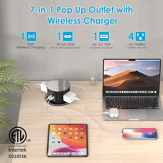 Pop Up Outlet with 15W Wireless Charger, 4 AC Outlets & PD 20W USB Fast Charging, 4.75 inch Desk Hole Power Grommet Connect 6FT Cord for Office, Conference, Kitchen Use(ETL & FCC Listed)