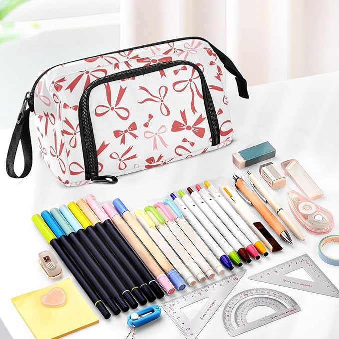Red Bow Pencil Case Pouch Big Capacity Pencil Bag Box Organizer Pen Case with Handle Pencil Cases for Girls Boys Women School College Office