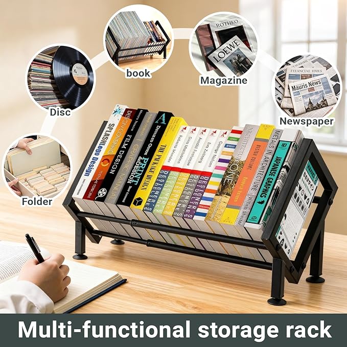 Expandable Desktop Bookshelf Organizer, Metal Office Tabletop Book Storage Rack, Large Tilting Bookcase for Books/CDs/Magazine Display, Desk Shelf for Top of Desk in Living Room, Home, Office (Black)