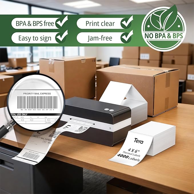 Tera Direct Thermal Labels 4x6: 4000 Fanfold Shipping Labels with Perforated Strong Adhesive Printer Paper for Thermal Printer Commercial Grade with 48 Fragile Sticker Labels