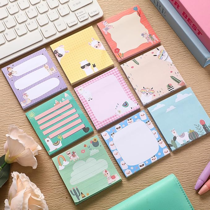 9 Pads Llama Sticky Notes Cartoon Self Stick Notepads 3x3 Inches Notes Adhesive Memo Pad Office Decor Gifts for Students School Teacher Office Meeting